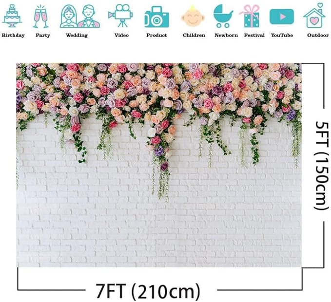 7X5FT White Brick with Flowers Backdrop Occasions Mother's Day Wedding Bridal Shower Birthday Party Banner Background Supplies DH-357