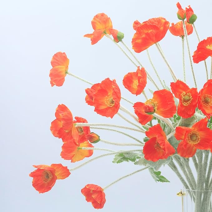 2 Pcs Artificial Fake Flowers Plants Poppies Silk Flower Arrangements Wedding Bouquets Decorations Plastic Floral Table Centerpieces for Home Kitchen Garden Party Decor Approx 23.6" High - Dark Orange