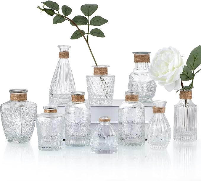 MDLUU Glass Bud Vases, Decorative Glass Bottles, Vintage Embossed Different Shapes for Wedding Centerpiece, Party, Home Decor, Set of 10 Clear