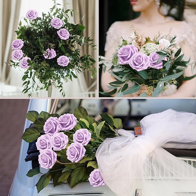 100PCS Light Purple Artificial Flowers Roses Real Looking Foam Fake Roses with Leaves for DIY Wedding Bouquets Bridal Shower Party Decorations (Lilac, 100)
