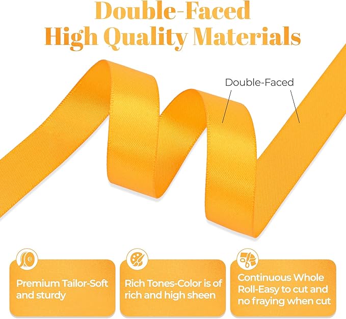 Double Faced Yellow Gold Satin Ribbon, 5/8 Inch X 50 Yards Polyester Ribbon for Gift Package Wrapping, Crafts, Bow Making, Sewing, Flower Bouquet, Wedding Party Decor