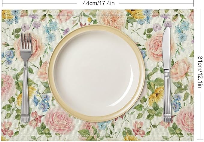 Colorful Floral Placemats Set of 6, 17x12 Inch Watercolor Spring Botanical Aesthetic Wildflower Nature Rustic Art Printed Table Mats for Home Party Kitchen Dining Decor