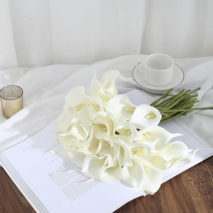 24 Pcs White Artificial Calla Lily Flower White Fake Silk Flowers Real Touch for Wedding Bouquet Office Home Kitchen Decor