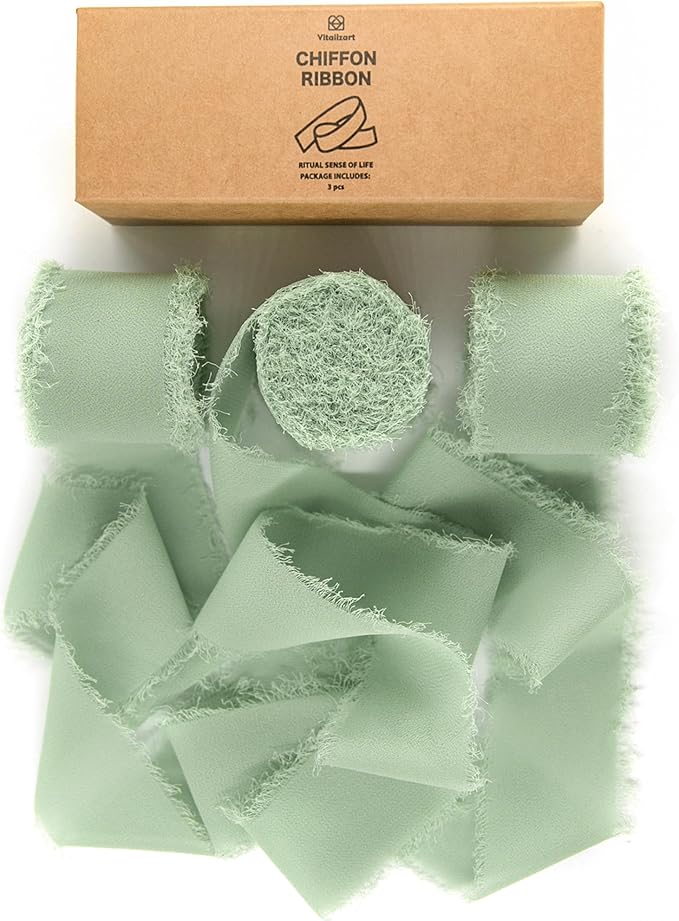 Vitalizart Sage Green Handmade Chiffon Silk Ribbon Fringe 3 Rolls 1.5" x 21 Yd Frayed Edges Ribbons for Wedding Invitations Bridal Bouquets Gifts Wrapping Crafts Holiday Decor
