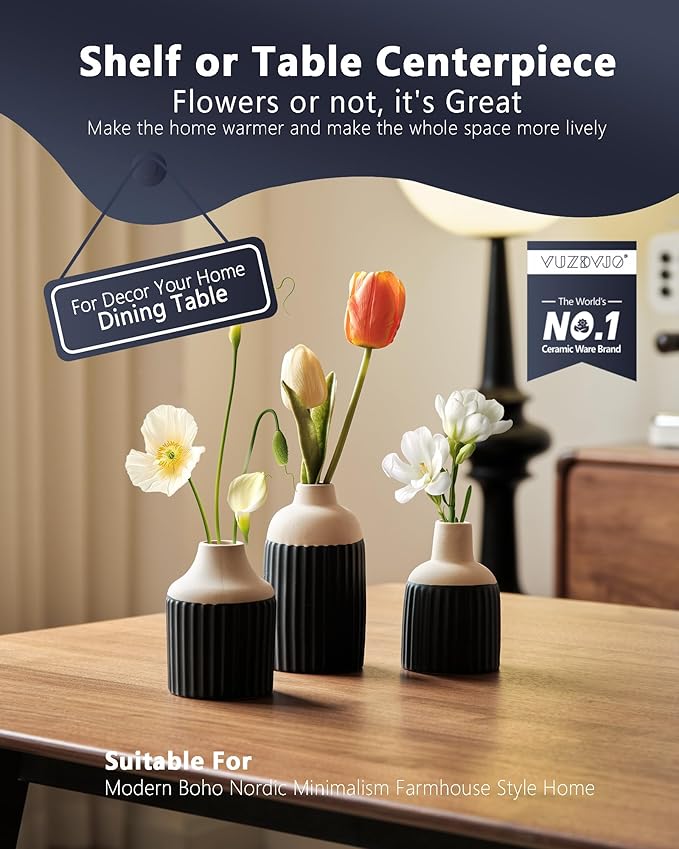 Black Decorative Vase Set of 3 - Modern Boho Style Ribbed Ceramic Bud Vases for Flowers, Mini Small Vases for Shelf, Shelves, Bookshelf, Entryway Table & Home Decor Aesthetic（Black）
