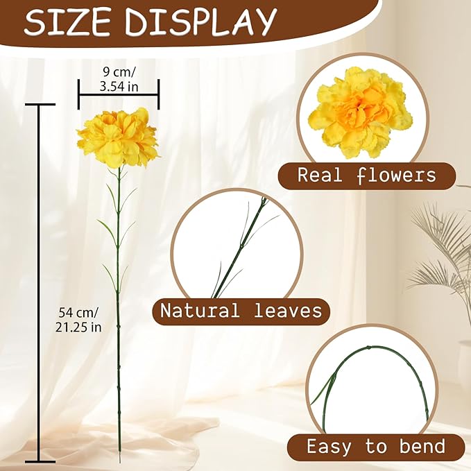 Yellow Carnations Artificial Flowers 15PCS Carnations Flowers Silk Flowers 21.25in Fake Flowers for Wedding Home Table Centerpieces Floral Arrangements(Yellow)
