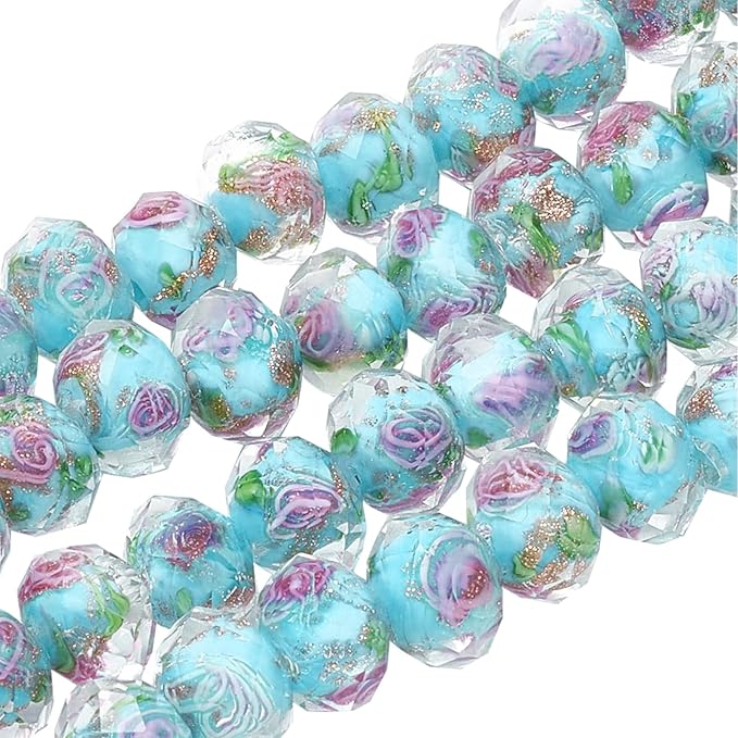 PH PandaHall 60pcs 9~10mm Blue Rose Lampwork Beads Gold Sand Glass Beads Flower Glass Beads 1.5~2mm Hole Floral Handmade Lampwork Beads Round Loose Beads for Rosary Making Jewelry Craft Making