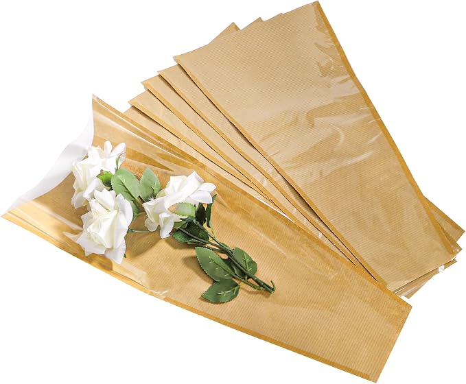 yarlung 100 Pack Flower Wrapping Bags, Kraft Bouquet Wrapping Paper Clear Flower Packing Bags Sleeves Gift for Thanksgiving, Christmas, Birthday Wedding Graduation