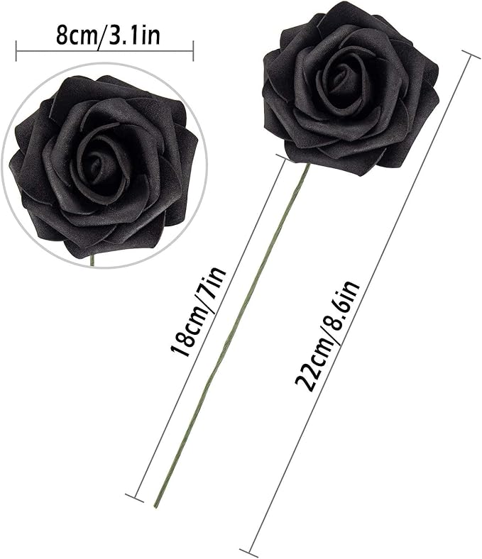 25pcs Artificial Flower Foam Rose Real Touch Roses Flower Heads with Stem for DIY Wedding Bouquets Centerpieces Arrangements Party Baby Shower Home Decor (Black)