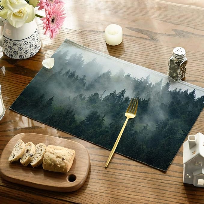 Placemats Set of 4 Retro Misty Forest Dining Place Mats Linen Table Mat for Farmhouse Home Kitchen Decor 12 X 18 Inch