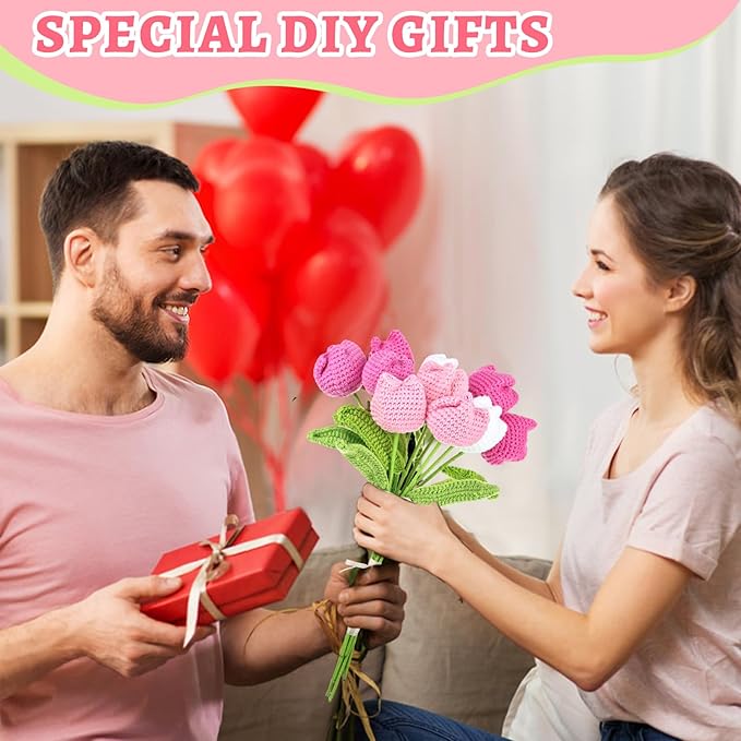 10 Pcs Crochet Tulip Flowers Artificial Flowers Bouquet Finished Handmade Knitted Tulip Bouquets with Leave and Long Stem for Home Centerpieces Decor Valentine's Day Wedding Anniversary (Pink tulips)