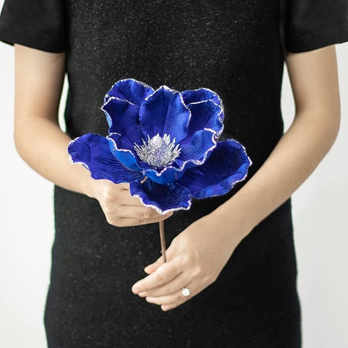 KI Store Blue Velvet Magnolia Flowers Pack of 6 Oversize Artificial Christmas Poinsettia Floral Picks Stems for Xmas Tree Wedding Centerpiece Decorations
