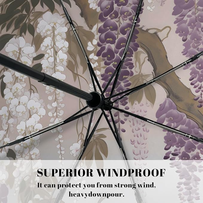 Windproof Travel Umbrella Wisteria Flower Floral Compact Auto Open/Close Folding Umbrellas for Rain