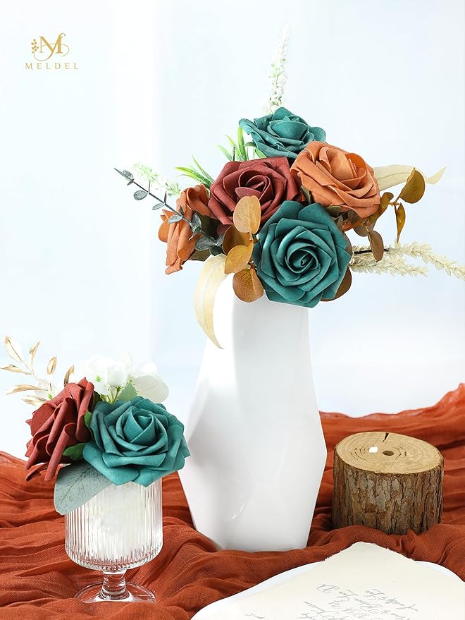 Meldel Artificial Flowers 50pcs Real Looking Peacock Green Foam Fake Roses with Stems for DIY Wedding Bouquets Bridal Shower Centerpieces Floral Arrangements Home Decorations Bulk Crafts Rose