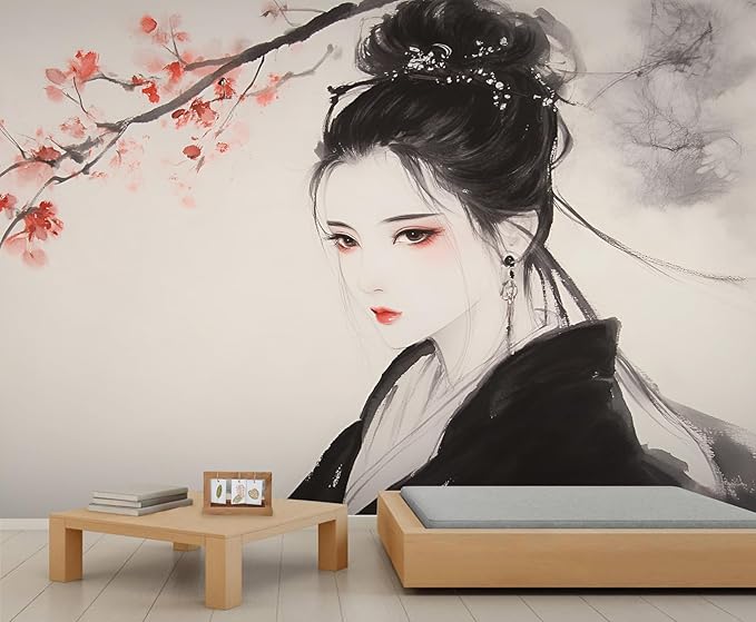 Asian Woman Wall Mural, Oriental Japanese Woman 3D Wall Murals, Ink Style Art Wallpaper Mural, for Living Room Bedroom Large Wallpaper Indoor Decor 157.5" W x110.3 H
