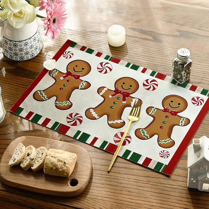 Christmas Placemats Set of 4 Christmas Candy Place Mats Washable Table Dinner Mats Linen Table Mats for Kitchen Dining Party Home Kitchen Decor 12x18 Inch