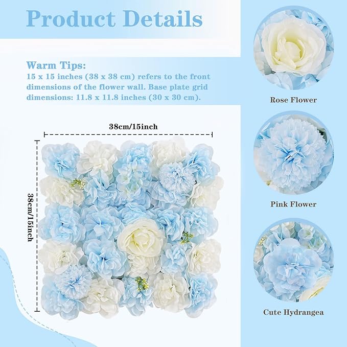 Wedding Flower Wall Backdrop Panels - Blue 24 Packs 3D Floral Wall for Birthday Party Baby Shower Photography Decoration