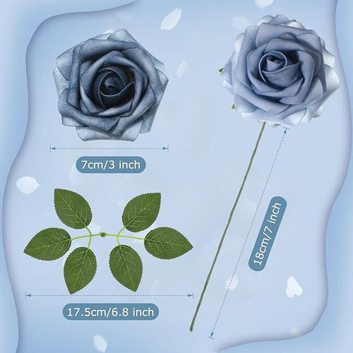 100 Pcs Artificial Foam Rose Faux Bouquet with Leaves and Stems for DIY Wedding Bouquets Centerpieces Bridal Shower Party Valentine Home Decorations (Blue and White Gradient)
