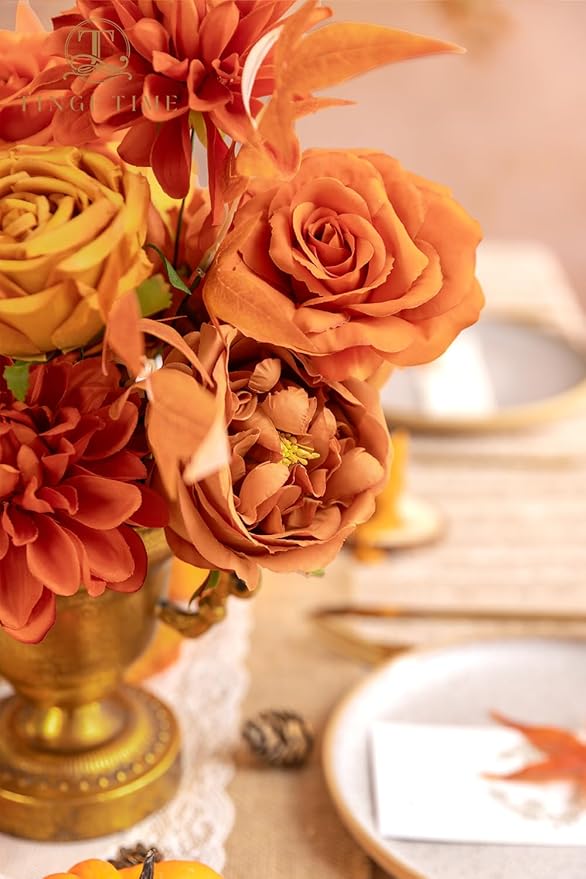TINGE TIME Artificial Flowers Combo Box Set 16PCS Fake Rose Silk Flower with Stem for DIY Wedding Bouquets Centerpieces Baby Shower Party Home Fall Decoration (Blood Orange & Burnt Orange)