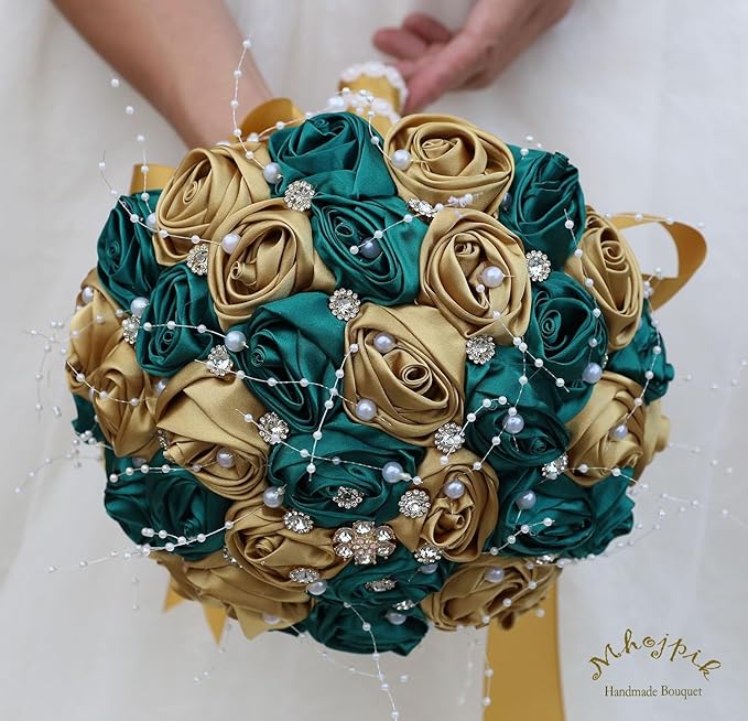 Bridal Wedding Bouquet Round Bling Brooch Bouquet Throw Toss Artificial Rose Flower Bunch for Bride Bridesmaid Wedding Quinceanera(Dark Green & Gold, 9.8")