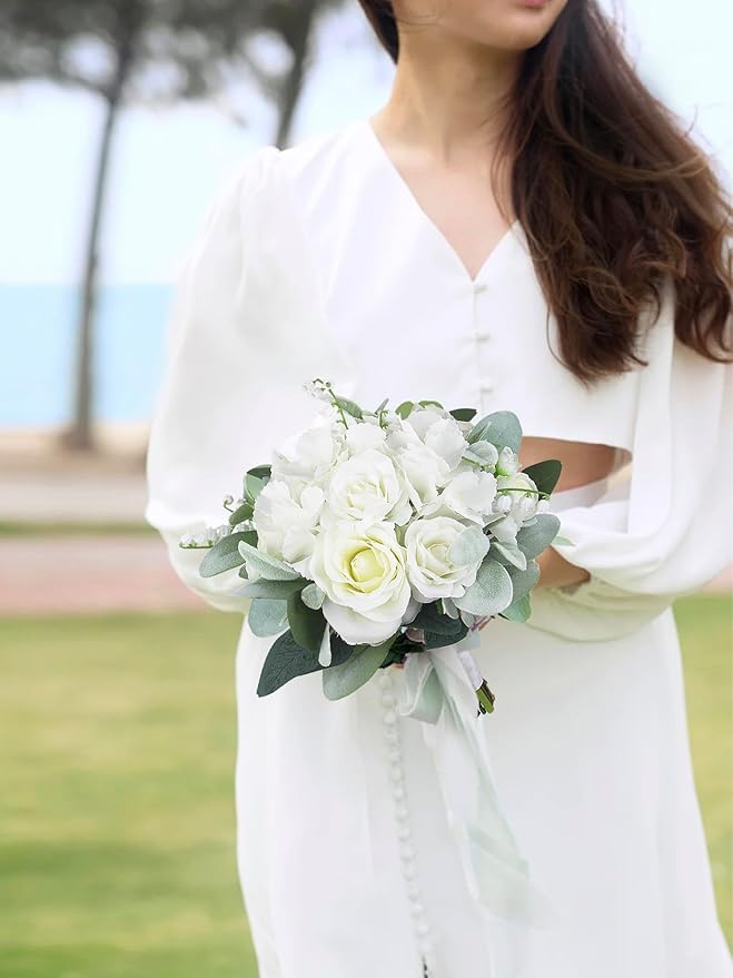 Rinlong 1Pc Wedding Bouquets for Bride Bridesmaids White Hydrangea Artificial Flowers Bridesmaids Bridal Bouquet for Wedding Prom
