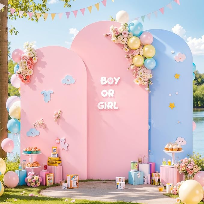 Pink and Blue Arch Backdrop Cover 7.2FT 6.6FT 6FT Arch Covers Stretchy Backdrop Set of 3, Gender Reveal Arch Cover Spandex Fitted Fabric Arch Covers for Boy or Girl Party Birthday Baby Shower Decor