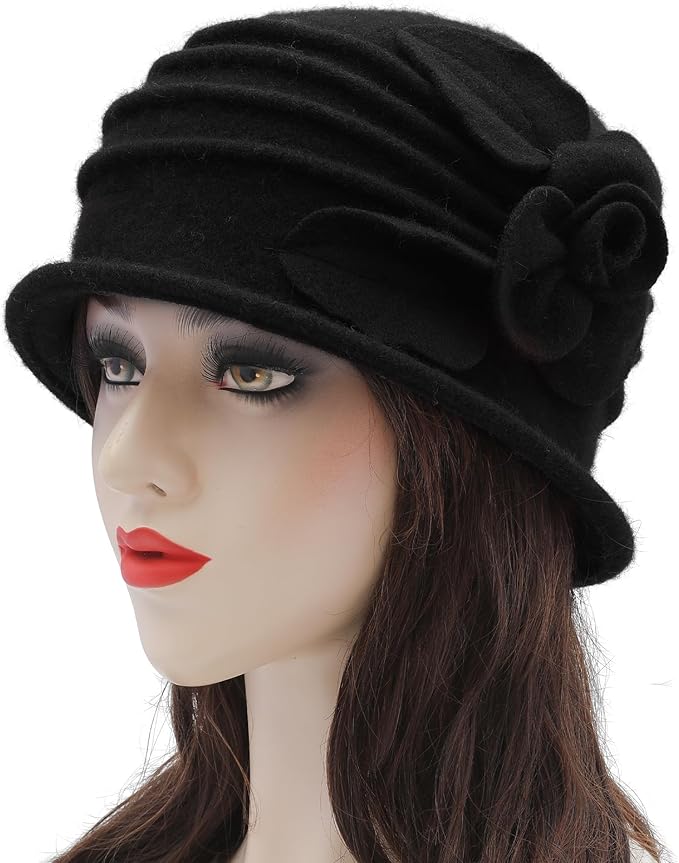 ZLYC Women Wool Cloche Bucket Hat 1920s Vintage Dress Winter Hats with Flower Accent