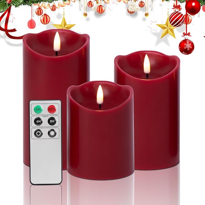Eywamage Red Flameless LED Pillar Candles with Remote, Real Wax Flickering Christmas Candles Battery Operated Set of 3