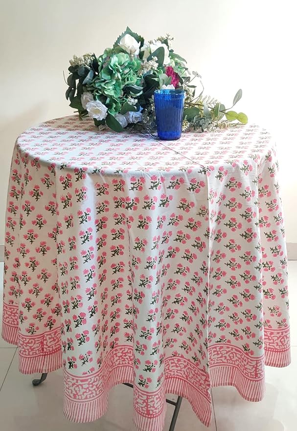 ATOSII Gulbahar White Pink 100% Cotton Spring Summer Round Tablecloth, Block Print Table Cloth for Dining, Weddings, Outdoors, Parties, Grand Millenial Home Decor 72" Inches I