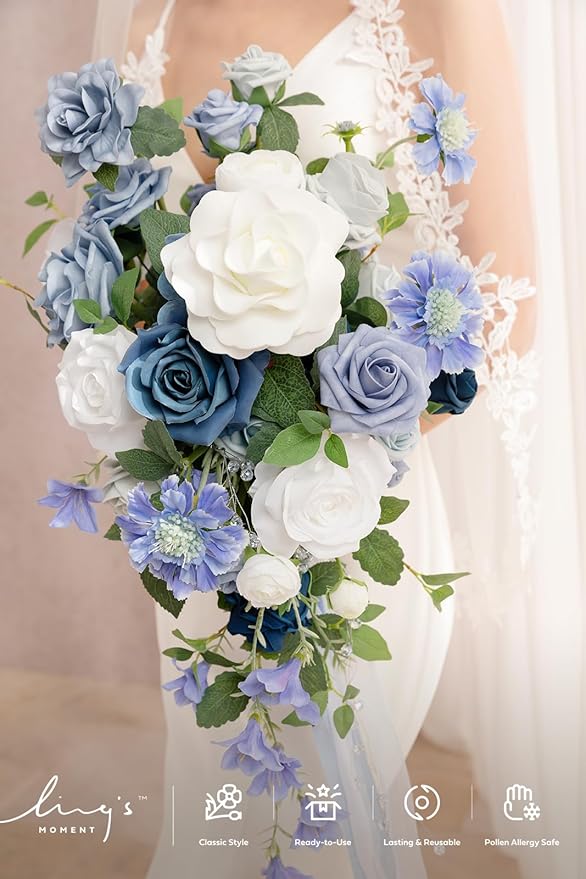 Ling's moment Dusty Blue Bridal Bouquet Cascading, Blue Wedding Bouquets for Bride, 13 Inch Bride Bouquets for Wedding Artificial Flowers Bouquets