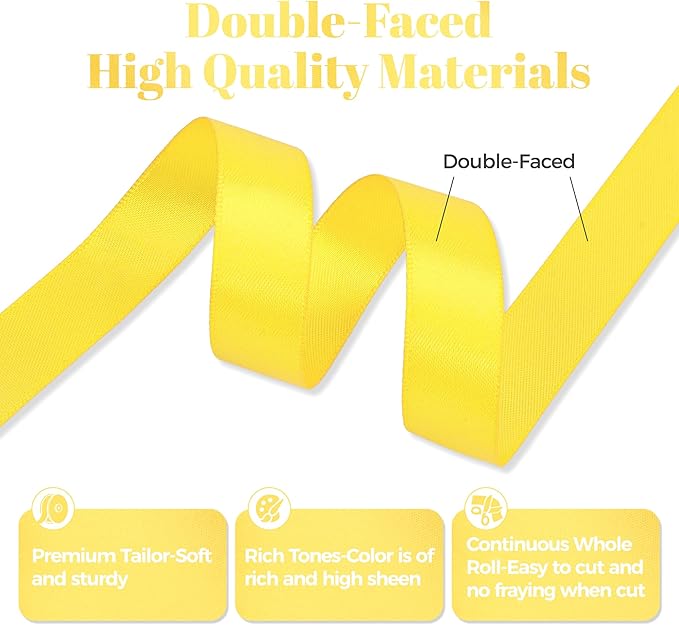 Daffodil Yellow Satin Ribbon, Double Faced 5/8 Inch X 50 Yards Daffodil Ribbon, Premium Satin Ribbon for Gift Wrapping, Crafts, Hair Bow Making, Sewing, Flower Bouquet, Wedding Party Decor