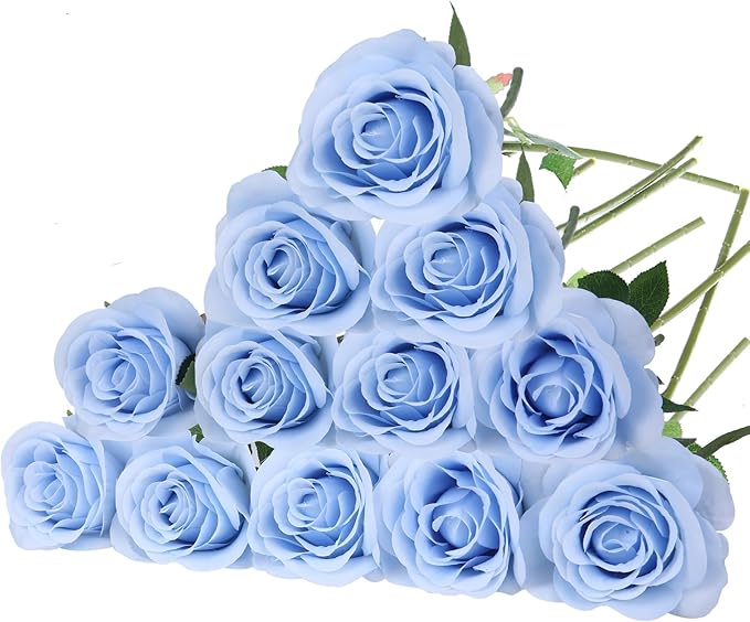 Felice Arts 12 Pack Light Blue Artificial Flowers with Stems Silk Roses Fake Flowers Bouquet for Wedding Centerpiece Table Vase Home Kitchen Party DIY Decor