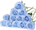 Felice Arts 12 Pack Light Blue Artificial Flowers with Stems Silk Roses Fake Flowers Bouquet for Wedding Centerpiece Table Vase Home Kitchen Party DIY Decor