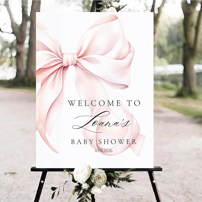 Personalized Pink Bow Baby Shower Welcome Sign, Custom Minimalist Bow Baby Girl Party Sign, Baby's Shower Gifts, Birthday Gifts, Gender Reveal Decorations, Newborn Announcement Party Supplies - 03