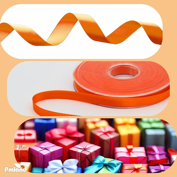 PMLAND Orange Fabric Satin Ribbon 3/8'' Inch x 27 Yards Double Faced Use for Crafts Gift Wrapping Floral Bouquets Ornaments Hair Bows Party Decoration