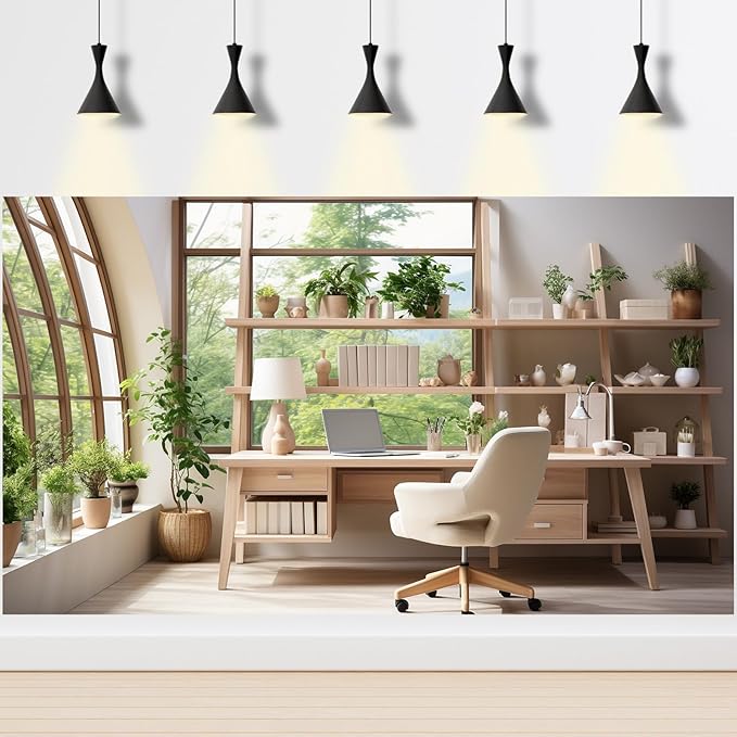 Office Backdrop for Video Conference Modern Business Home Office Work Place Background Indoor Green Plants Leaves Tranquil Work Environment for Live Video Zoom Calls Photo Portrait Prop 7x5ft