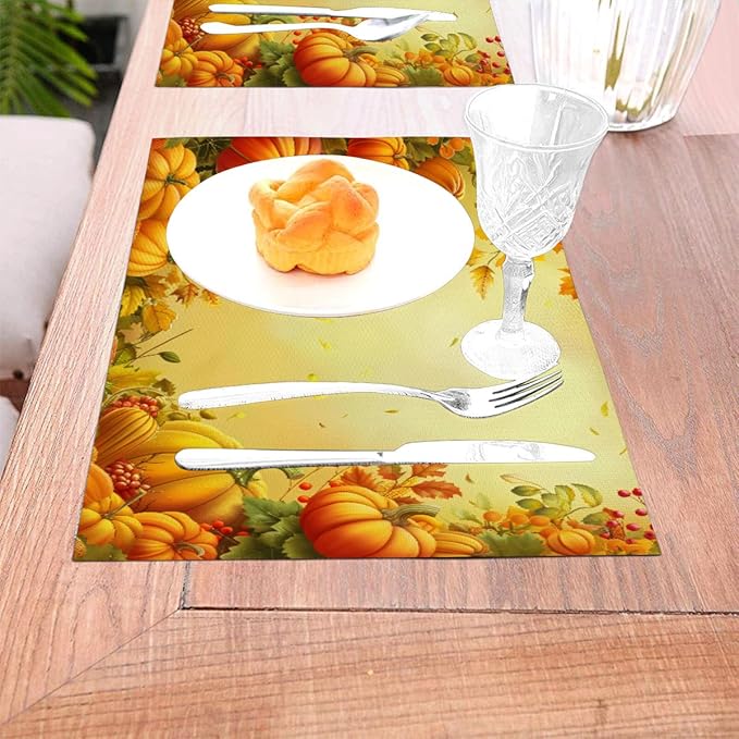 PVC Placemats Set of 1 Wipeable Table Mats Washable Heat Resistant Non Slip Vinyl Dining Table Mat for Kitchen Indoor Outdoor Patio Farmhouse Place Mats Thanksgiving Pumpkin Leaf Decorative