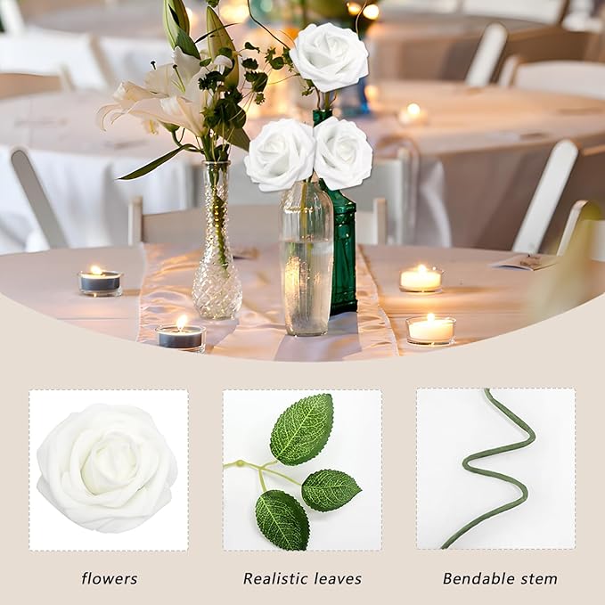 Artificial Flowers 50PCS White Roses Real Looking Foam Fake Roses with Leaves and for DIY Wedding Bouquets Bridal Shower Centerpieces Party Decorations (White)