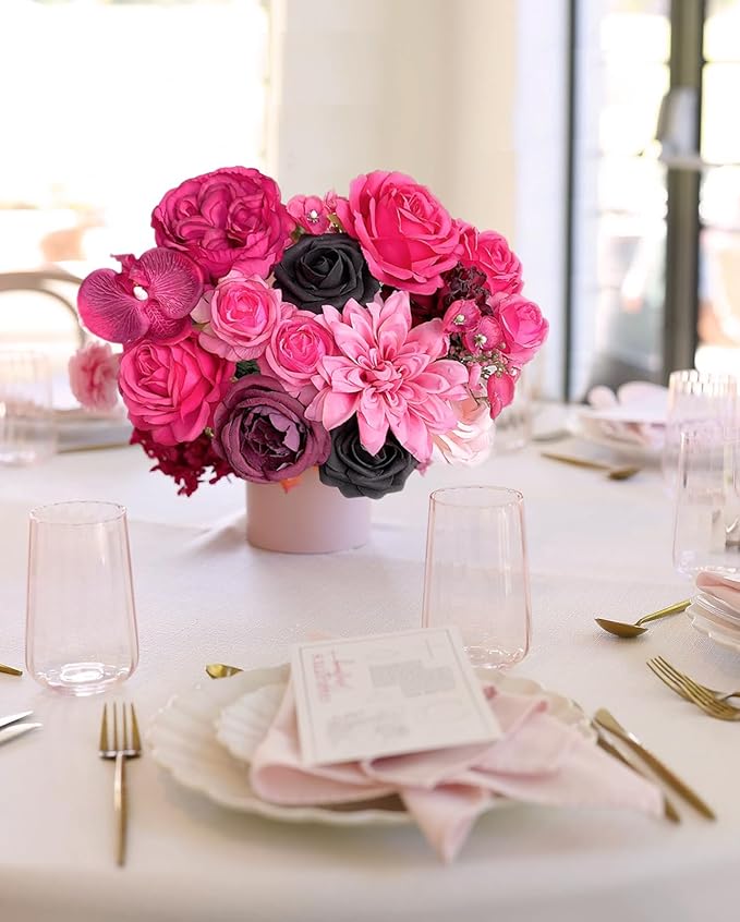 Roses Artificial Flowers Pink Fake Flower Bouquet for DIY Bridal Wedding Shower Decorations Party Table Centerpieces Cake Decorating Silk Floral Arrangement for Home Decor Indoor Fuchsia Black