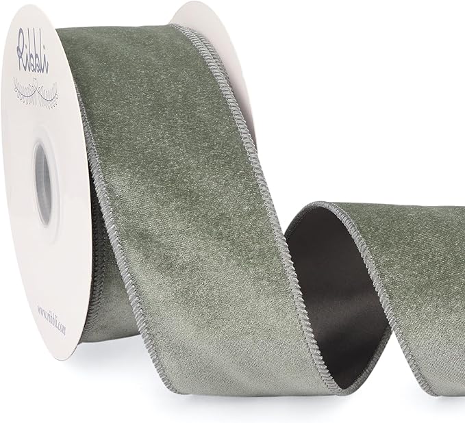 Ribbli Dusty Green Velvet Wired Ribbon 2.5 Inch Sage Velvet with Satin Christmas Ribbon for Gift Wrapping Christmas Tree Decoration Crafts Wreaths Supplies-Continuous 10 Yards