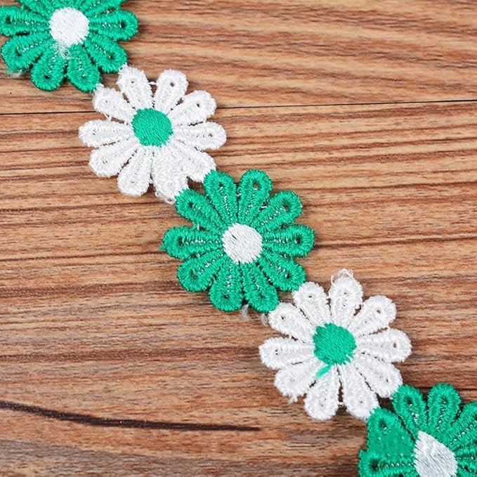15 Yards Daisy Flower Lace Trim Embroidered Floral Lace Sewing Trim Ribbons for Embellishment Craft Dress Hair Accessories Decorations(White/Green)