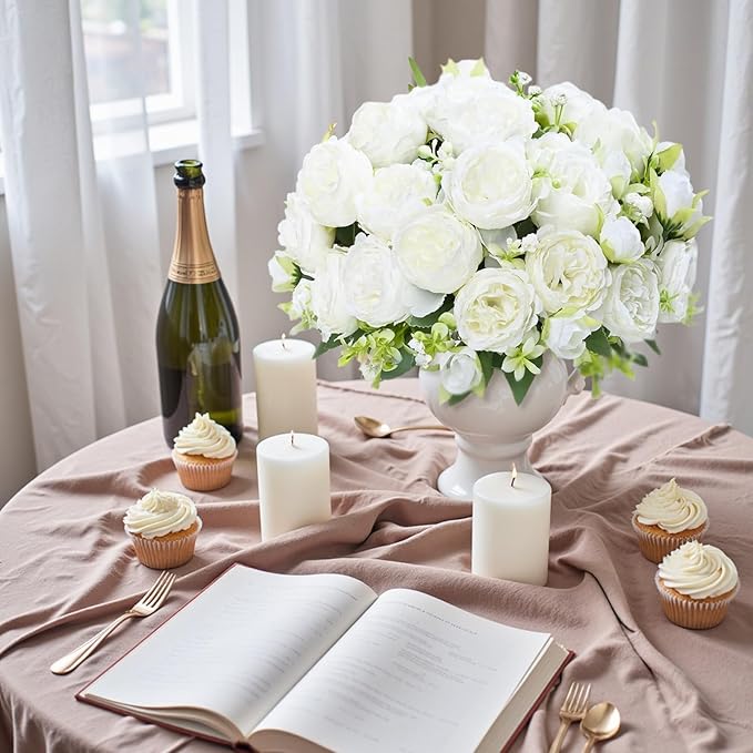16 Pack White Peonies Artificial Flowers, Fake Silk Hydrangea Bouquet for Bridal Wedding Home Table Decor Reusable Dining Opening Ceremony Birthday Arrangement Faux Floral