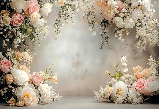Baocicco 20x10ft Vinyl Flowers Wall Photography Backdrop Vinatage Wall White Pink Floral European Style Background Outdoor Wedding Birthday Party Banner Supplies Garden Home Decor Studio Props