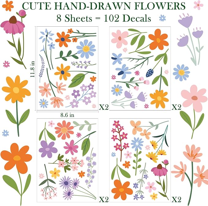 AOWDIAO Floral Wall Decals - 102 Pcs Peel and Stick Vinyl Flower Stickers - Assorted Varieties & Colors for Bedroom, Kids’ Rooms, Nursery, or Living Room Decor