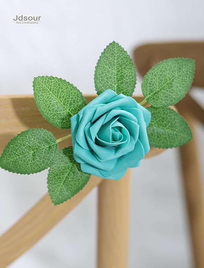 25pcs Artificial Flower，Real Looking Foam Roses w/Stem for DIY Wedding Bouquets Centerpieces Bridal Shower Party Decor-Shades of Teal Green