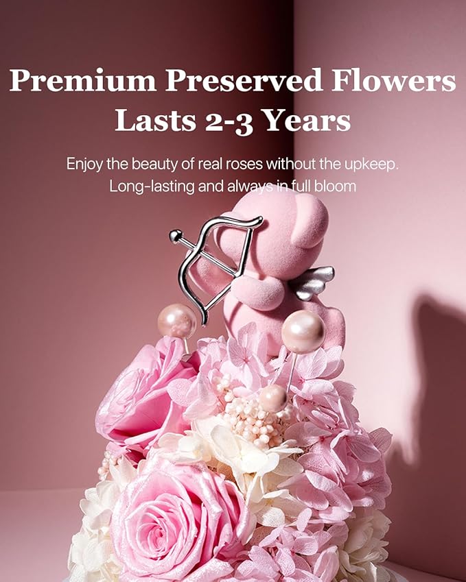 JoyFlower Preserved Flowers with Teddy Bear, Unique Pearl Roses Birthday Gifts for Women, Eternal Flower Rose Bear with Gift Box for Mom Girlfriend Wife on Valentine's, Mother's Day, Anniversary(Pink)