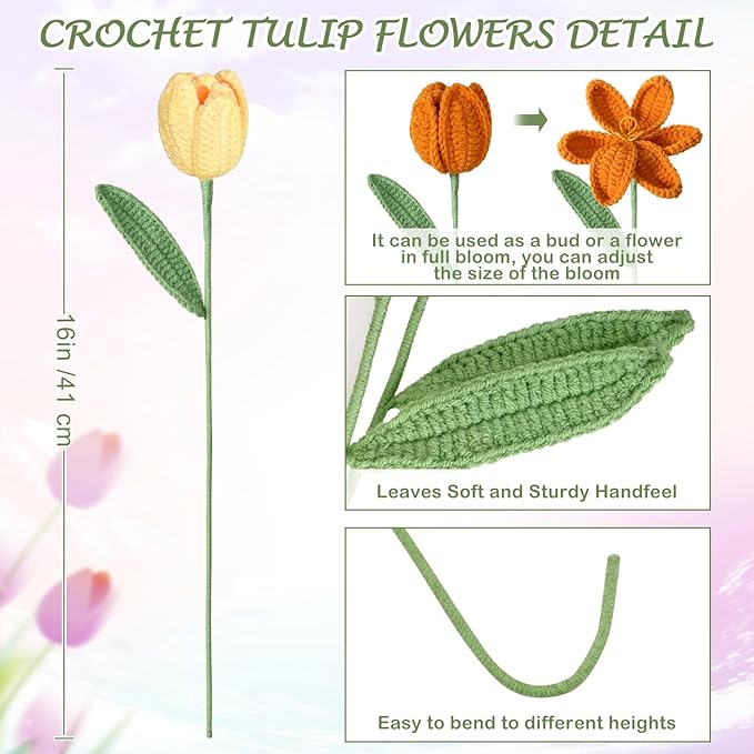 Dremisland Crochet Flowers 6PCS Crochet Tulips Finished Handmade Knitted Flowers Crocheted Bouquets Pastel Floral Gift for Mothers Girls Friends Teacher Gifts for Women,Graduation Flower Home Decor