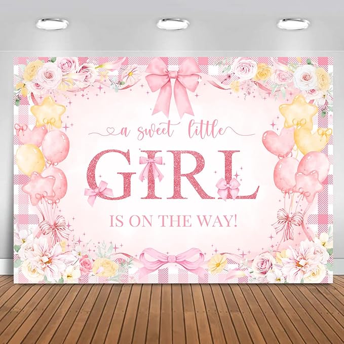 Mocsicka 7x5ft Girl Baby Shower Backdrop Pink Bow Floral Sweet Baby Girl is On The Way Decorations Banner Watercolor Balloon It's a Girl Banner Photo Booth Props (7x5ft (82x60 inch))