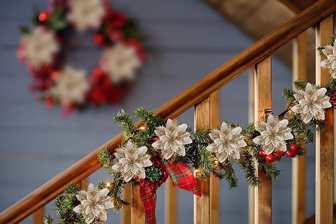 RECUTMS 10 Pcs Christmas Glitter Artificial Poinsettia Flowers 6 inch Christmas Wreath Christmas Tree Flowers Ornaments Holiday Seasonal Decorations for Xmas New Year Wedding Party (Gold)