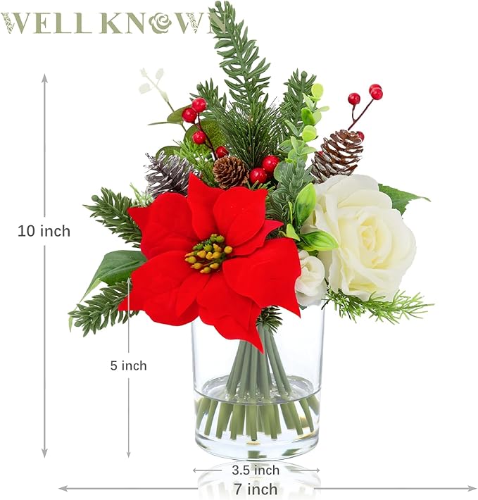 Artificial Flowers in Vase, Christmas Flower Bouquet Coffee Table Centerpieces with Faux Water for Winter Home, Fake Silk Poinsettia & Pinecorn Arrangement for Xmas Party Decor Gift (Red & Green)